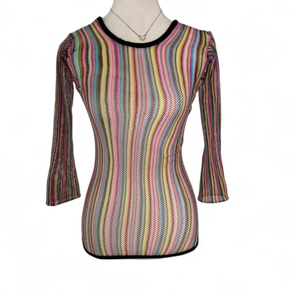 Multicoloured striped long sleeve top with bell sleeves Unique Y2K Sheer Top